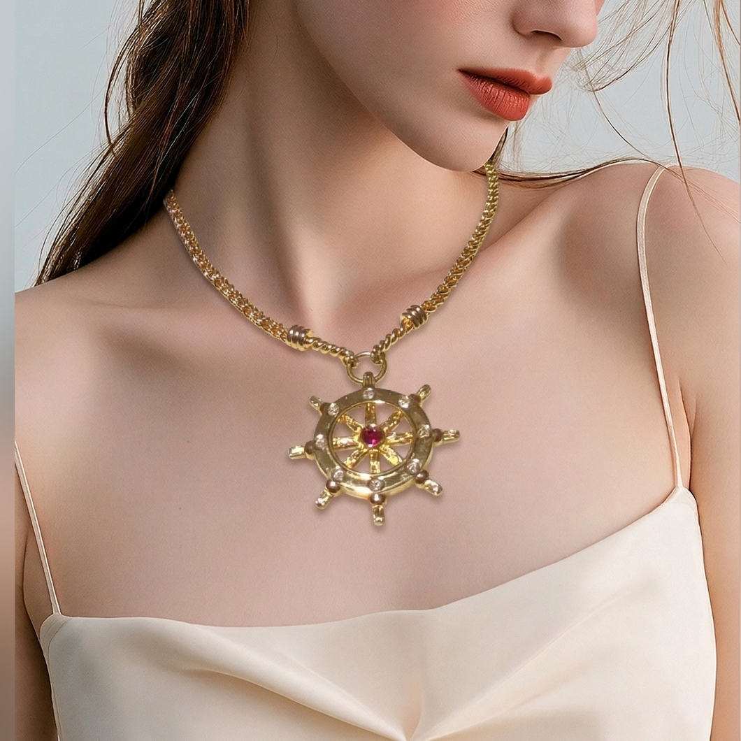 Nautical Ship Wheel Necklace And Clip On Earrings Gold Plated Red Gem Accents.